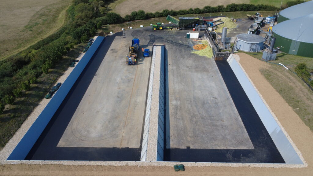Aerial view of Silostop Agri wall system installation by Hansford Construction at Barfoots Energy in Bognor Regis